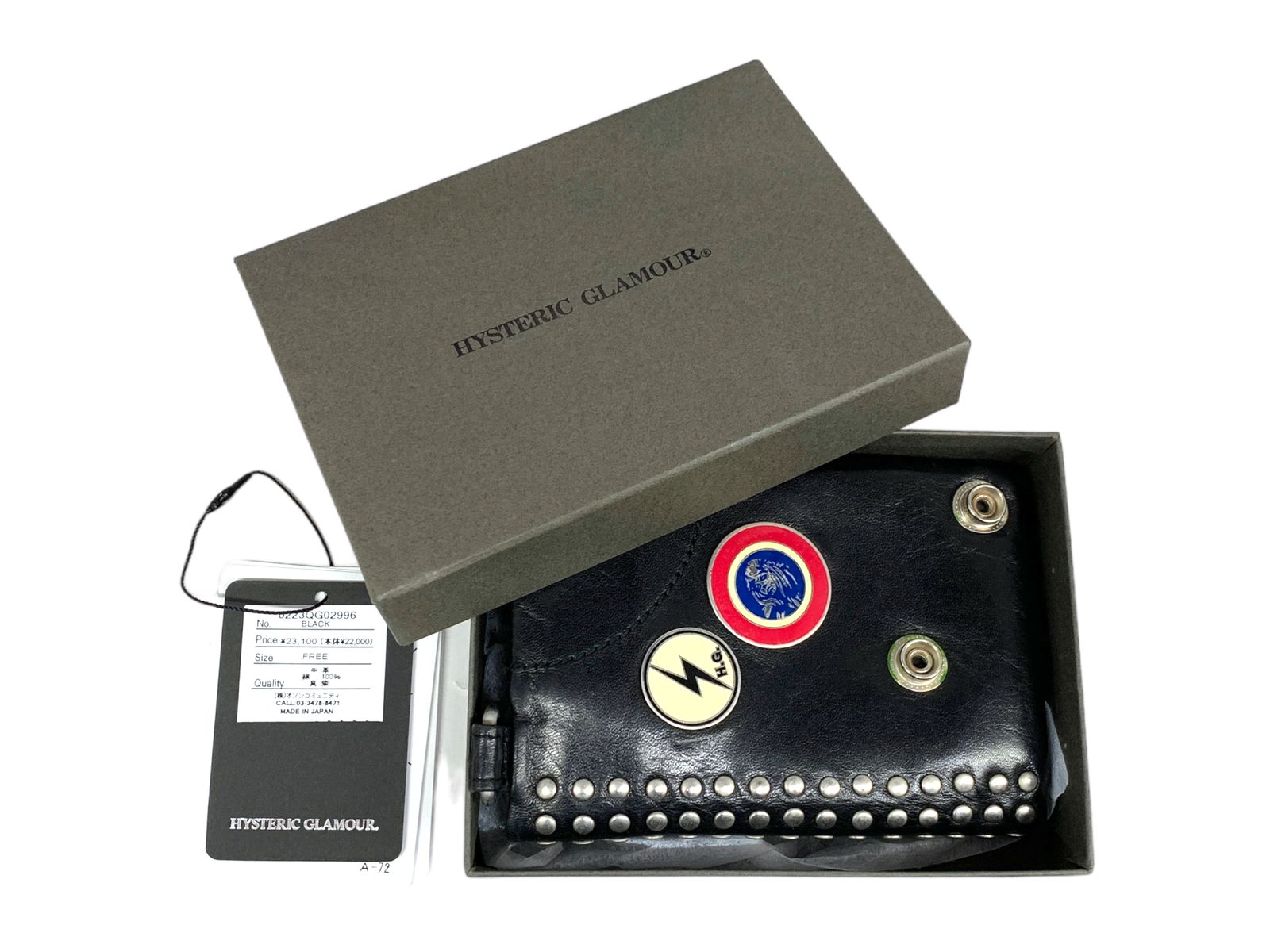 ヒステリックグラマー　STUDS AND PINS LEATHERウォレット ロゴスタッズ 三つ折りウォレット|HYSTERIC GLAMOUR WOMEN