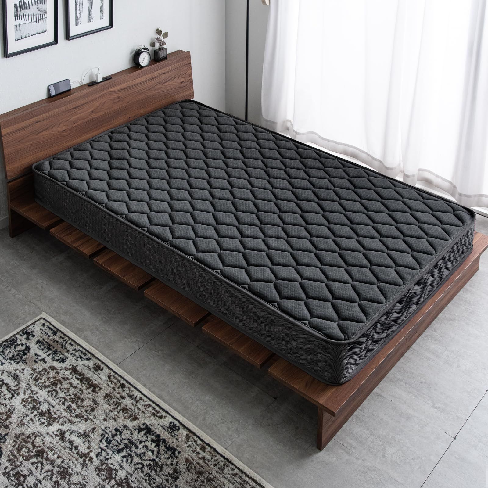 タンスのゲン マットレス セミダブル 厚み20cm 高密度 ボンネルコイル スプリングマット マットレス ブラック