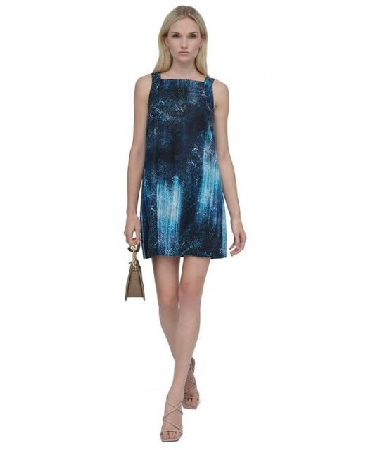 【送料無料】 ダナ キャラン ニューヨーク レディース ワンピース トップス Women's Printed Square-Neck Sleeveless Dress Indigo Multi