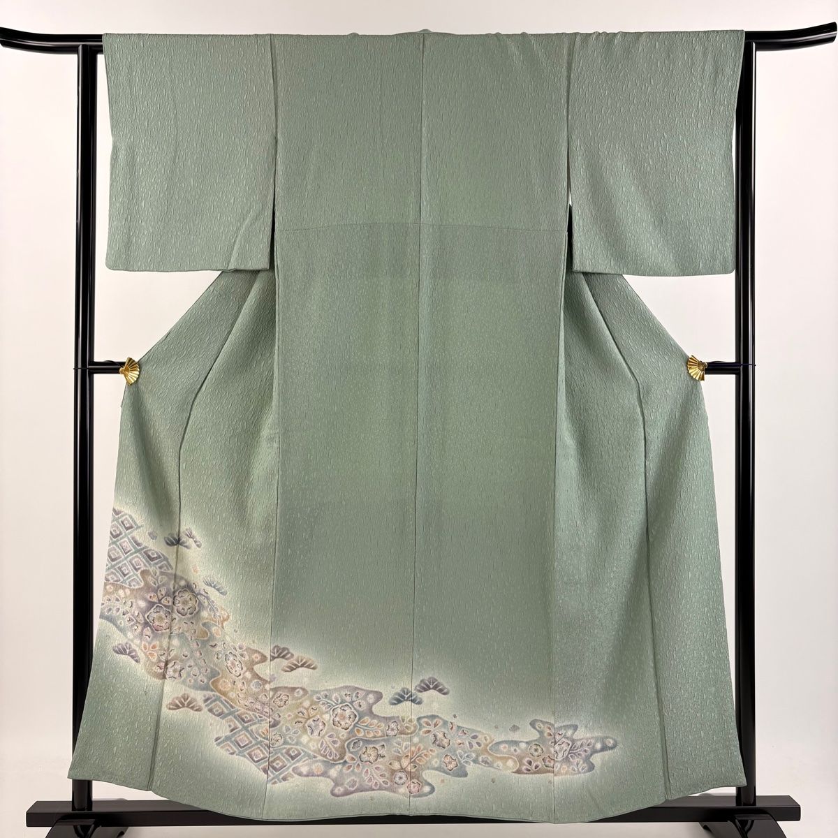 正絹　辻ヶ花柄　付け下げお着物　袷　絞り柄 付下げ 身丈157cm 裄丈63cm S 袷 辻が花柄 霞 絞り ぼかし 灰緑 正絹