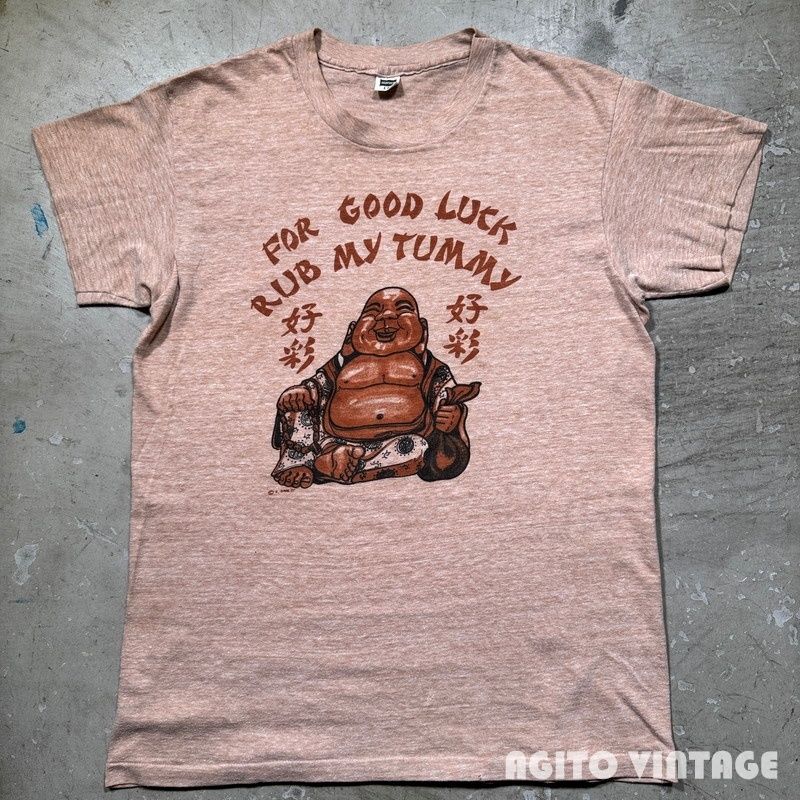 70 s Hanes FOR GOOD LUCK RUB MY TUMMY Tee 染込みプリント 布袋 七福神 Lサイズ