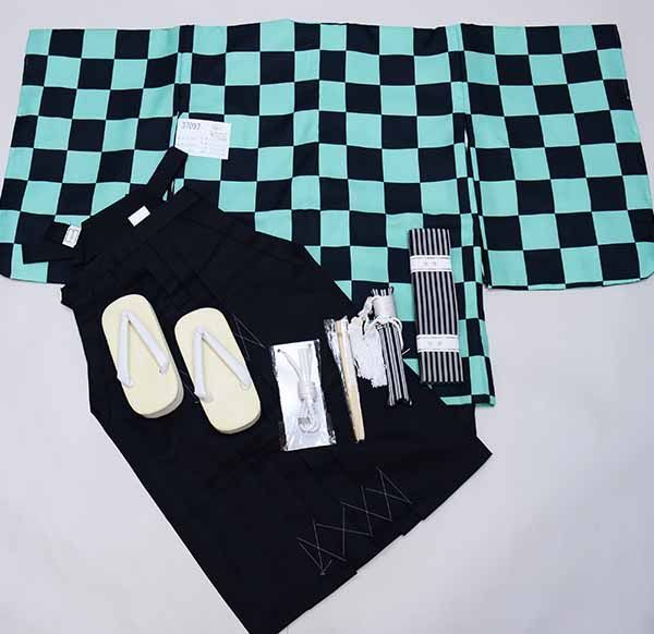 七五三 五歳 男児 羽織 袴フルセット 日本製 黒×緑 市松模様 NO37097 七五三 着物 男の子 五歳 羽織袴セット 市松模様 緑 黒 アニメ 753 五