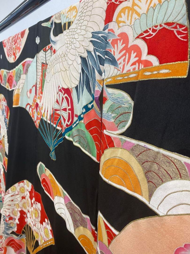 アンティーク 振袖 金駒 金彩 銀彩 刺繍 鶴 正絹 身丈167cm 紋付
