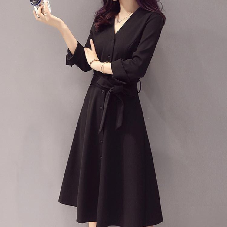 ワンピース 七分袖 ハイウエスト フレア エレガント シンプル ワンピース エレガント 七分袖 制服 ウエストリボン フレア