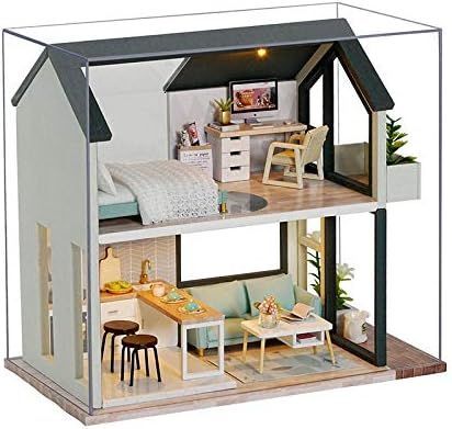 ピンクのDIYドールハウスロフトキット組み立てられたミニチュア家具付きプリンセスドールハウスおもちゃ子供用大人ギフト