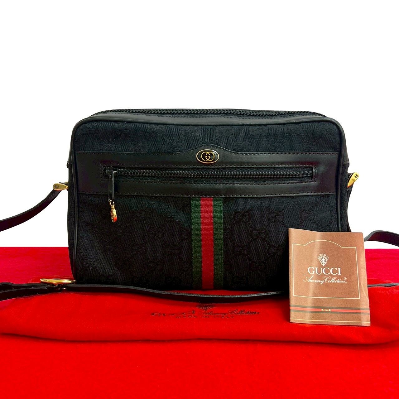 極 美品 袋付 GUCCI グッチ オールドグッチ ヴィンテージ シェリーライン GG ロゴ レザー キャンバス ショルダーバッグ ブラック 830-3 極 美品 袋付 GUCCI グッチ オールドグッチ ヴィンテージ シェリー