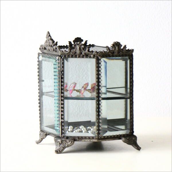 全品最安値に挑戦中！ ガラスケース 真鍮 アンティーク 扉付き 小物収納ケース ミラー 透明 クリア 2段 脚付き ケース レトロな真鍮とガラスの ケース 2 大特価満載！