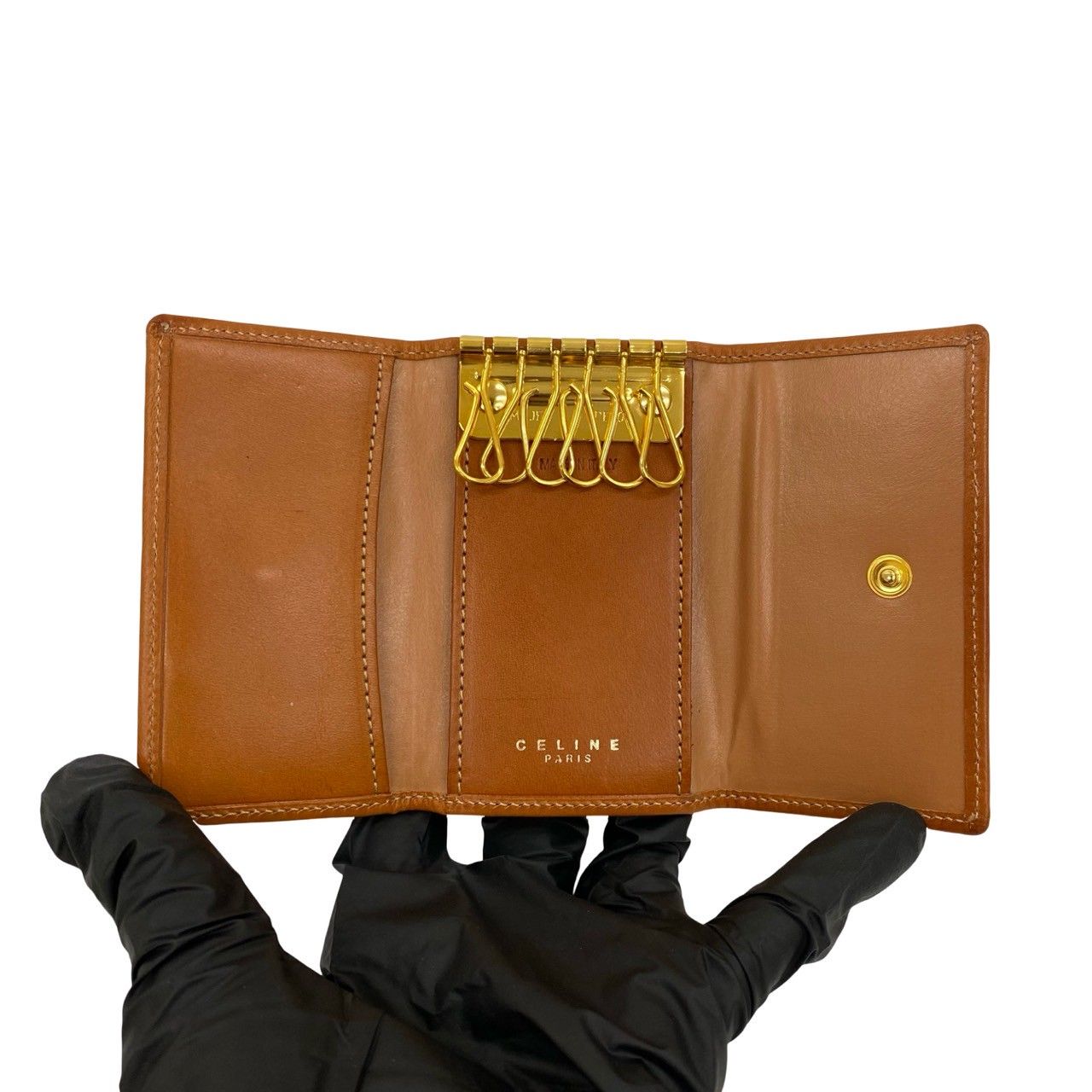 【CELINE 】ブラウン レザー キーケース CELINE セリーヌ キーケース レザー マカダム ロゴ型押し 茶
