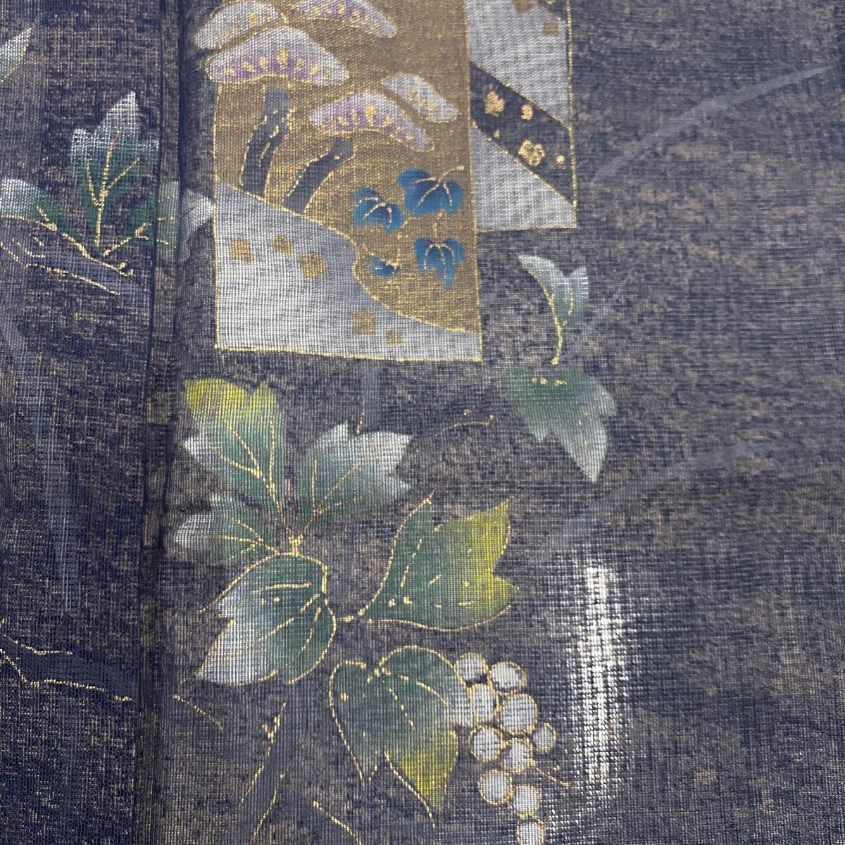 付下げ 身丈154cm 裄丈67.5cm L 紗袷 色紙 葡萄 金彩 紺色 正絹 美品 