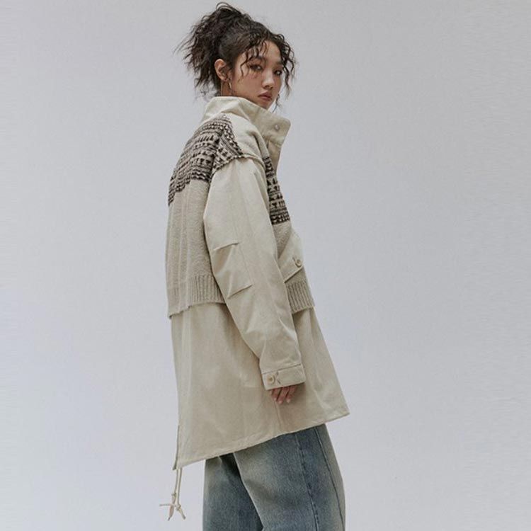 レディース 前開き ミドル丈コート 切り替え 送料無料 ニット 春