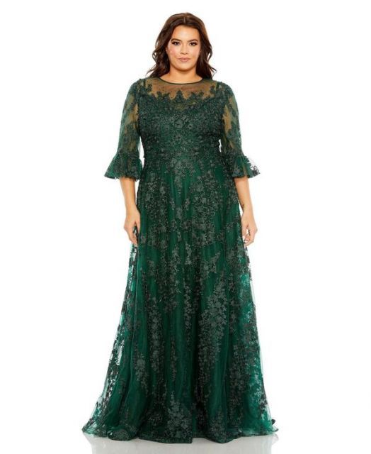 送料無料 マックダガル レディース ワンピース トップス Women s Plus High Neck Flutter Sleeve Embroidered A Line Gown Emerald