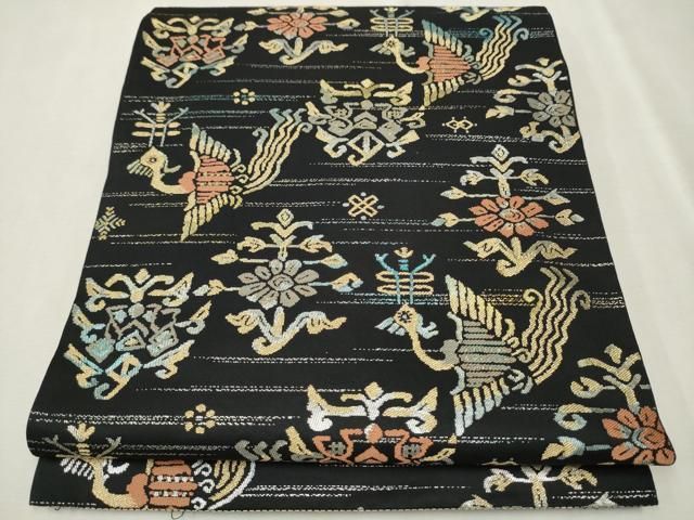 平和屋着物○六通柄 本袋帯 花鳥文 黒地 金糸 正絹 逸品