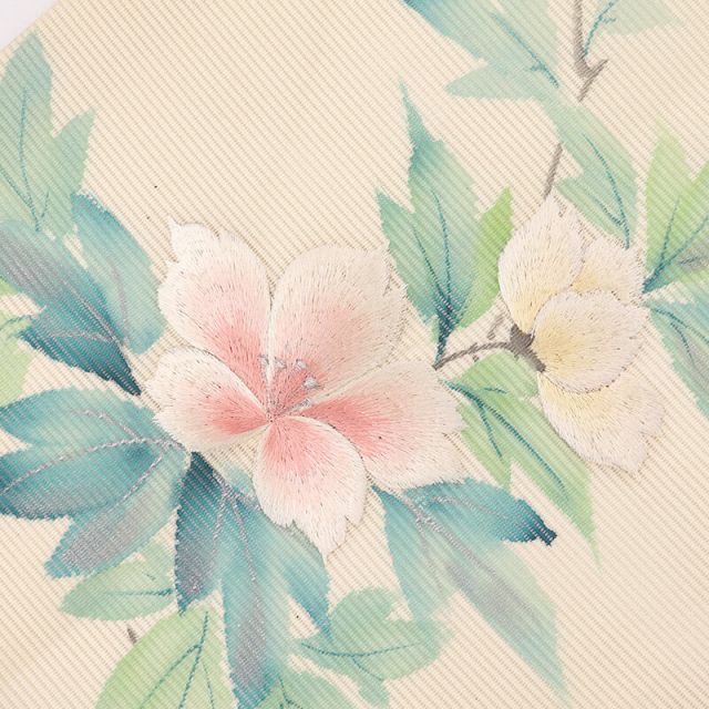 夏帯 夏名古屋帯 正絹 九寸帯 お太鼓柄 白ベージュ 花柄 刺繍 長