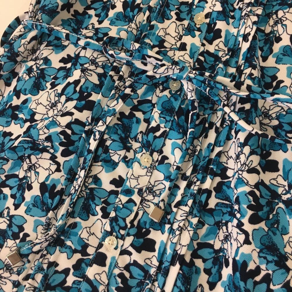 【超美品】キャロウェイ 半袖ワンピース 白×ライトブルー 花柄 ロゴ刺しゅう 紐ベルト付き レディース M ゴルフウェア Callaway