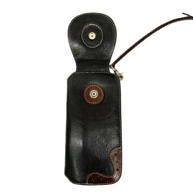 レッドムーンレザー製黒長財布 スナップボタン付き レザーストラップ