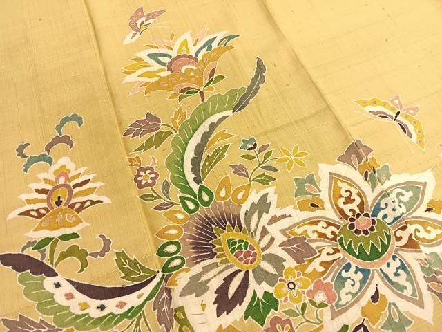 平和屋着物○訪問着 生紬地 更紗花蝶文 金彩 ロング丈 正絹 逸品