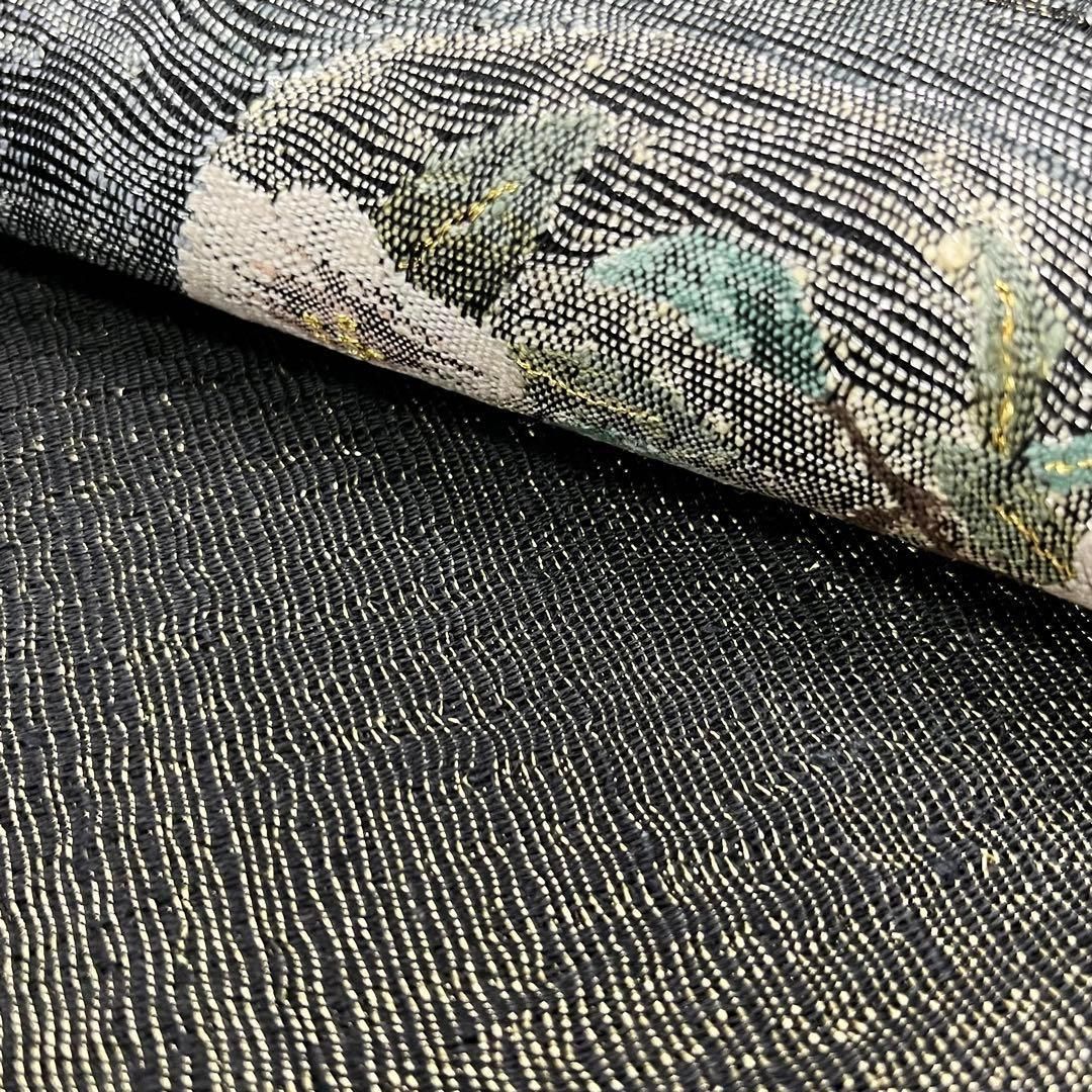 袋帯 すくい織 流水 花模様 楓 金通し 金銀糸 黒色 O-4086