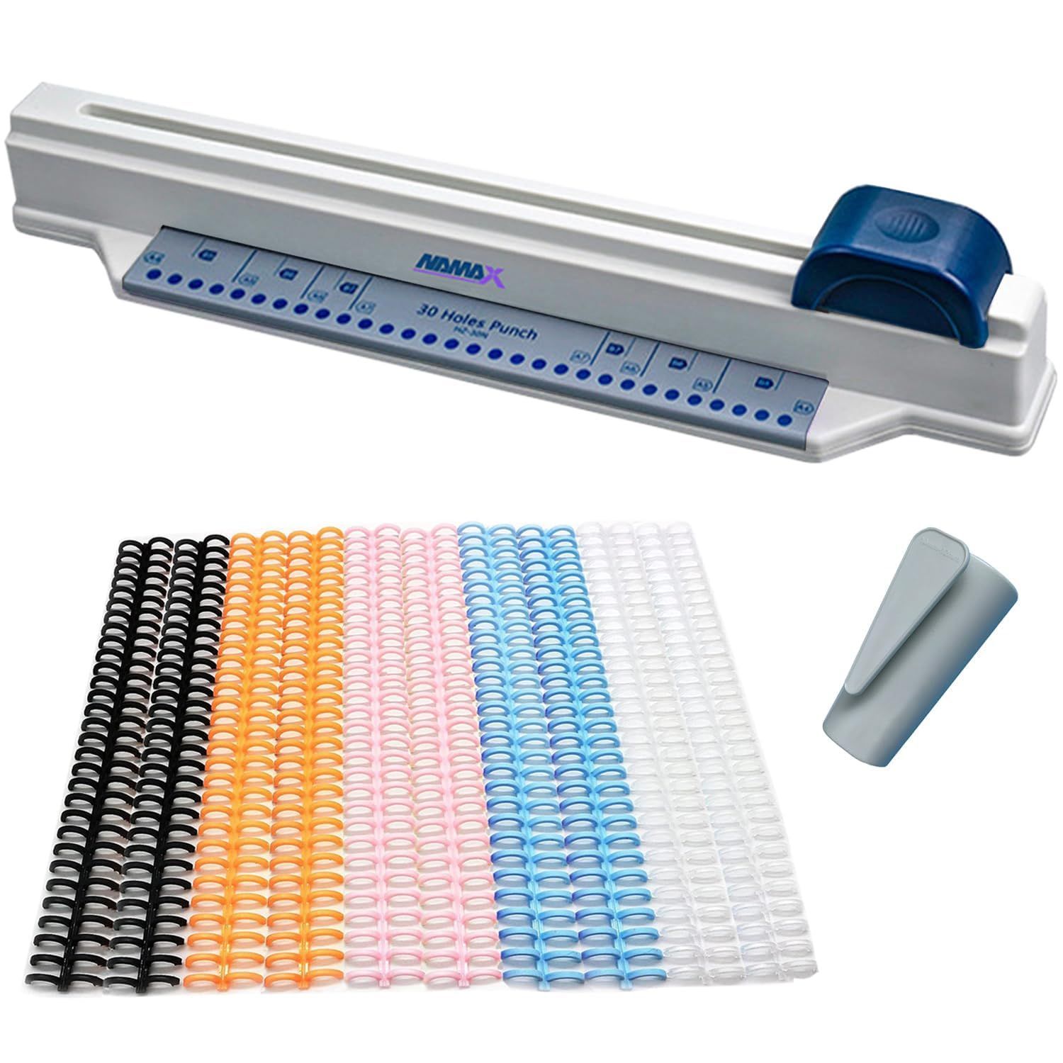 スライド式パンチ 穴あけパンチ リングバインダー用 多穴 A4 30穴対応 穴あけ枚数5枚 穴製本リング 10本入5色 穴径12mm 製本用とじ具 青