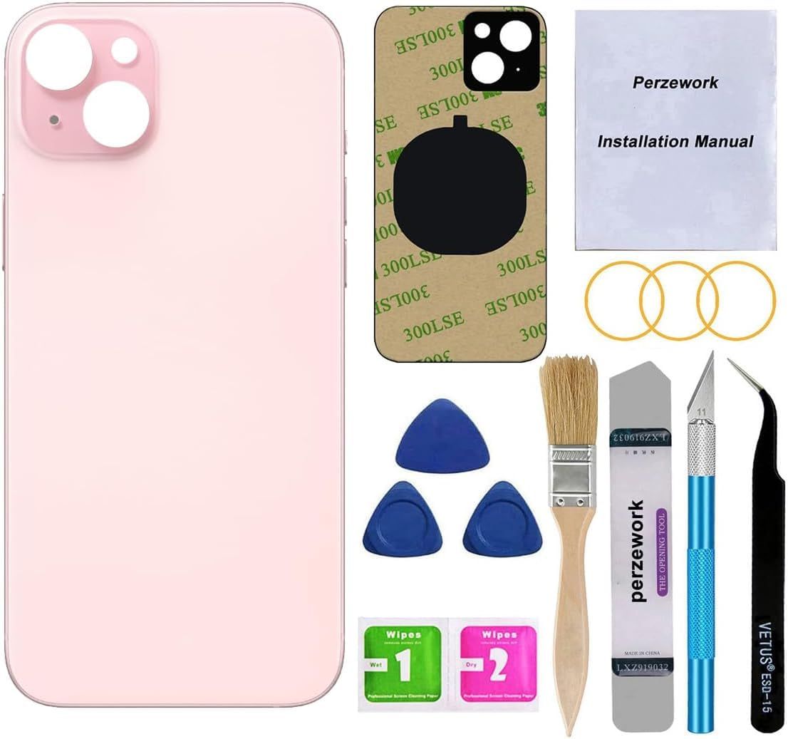 Perzework iPhone 15 6.1インチ用OEMリアバックガラス交換品、修理ツールキットとプリインストールされた接着剤付き（ピンク）