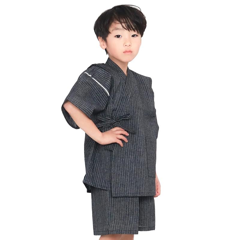 [KYOETSU] [キョウエツ] 甚平 しじら 綿 単品 ボーイズ (110cm， 細縞×黒)