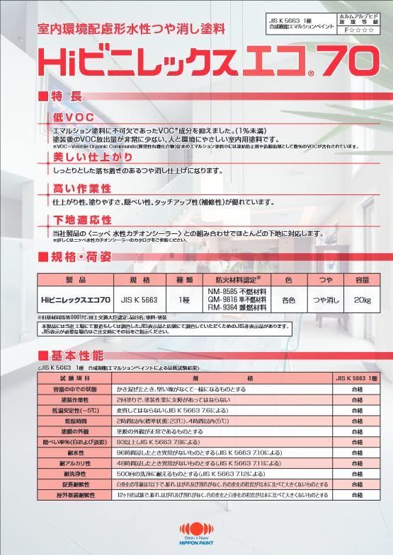 日本ペイント 屋内環境配慮型水性艶消し塗料 Hiビニレックスエコ70 白 HRDEVELOPMENT_JP