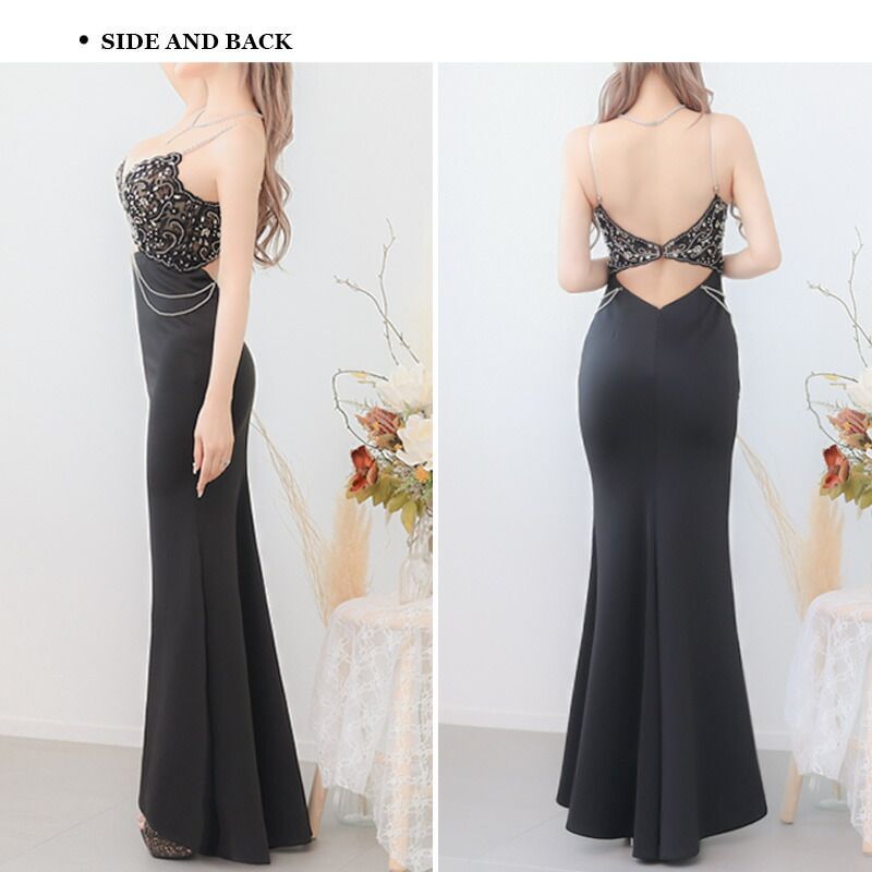 ブラック AR 24832 AngelR | エンジェルアール ストレッチ| 刺繍レース| ビジュー| ウエストカット| パールチェーン| キャミスリーブ| スリット| ロングドレス| タイト| ワンピース| キャバドレス