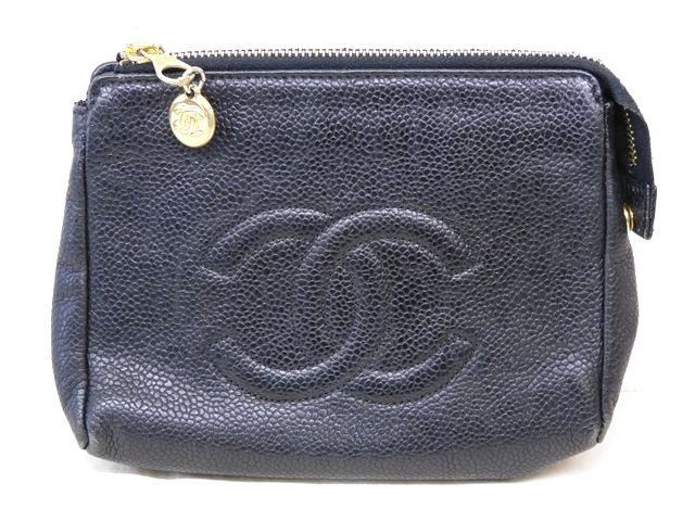 CHANEL シャネル キャビアスキン ポーチ 小物入れ ヴィンテージ 黒 ブラック 4番台 □7F