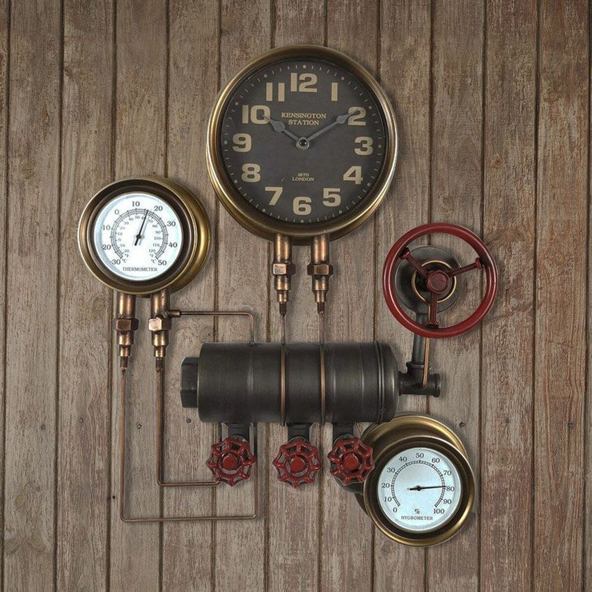 Steampunk ウォールクロック ブラック スチームパンク 掛け時計 スチーム管 スチームメーター