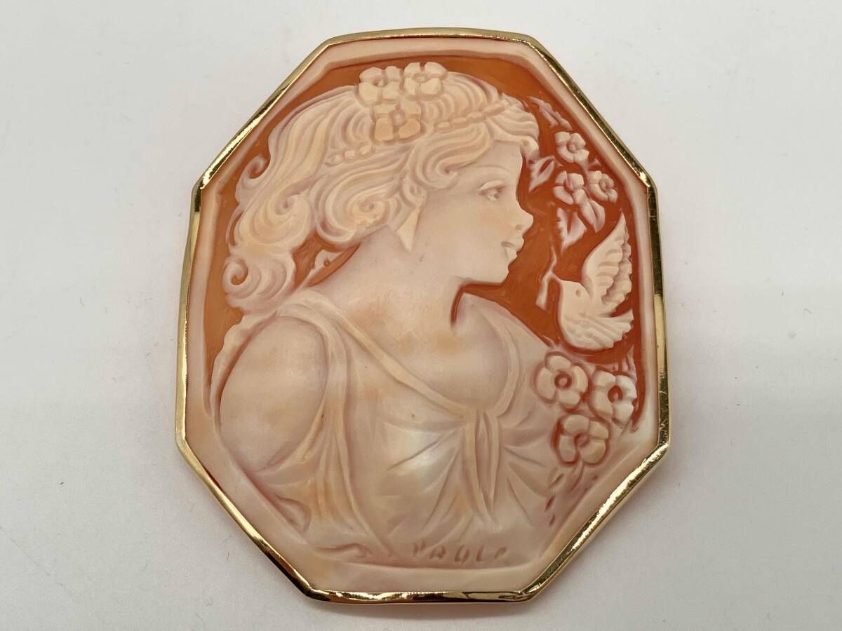 K18 カメオ ブローチ 作家ガロファロ 女性の横顔と花 K18 カメオトップ