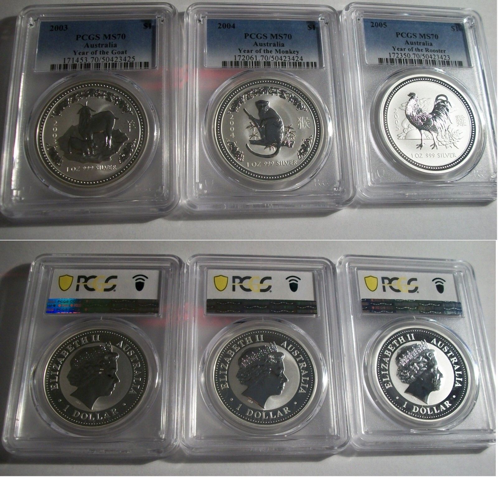 2003 2004 2005 Atralian Silver Lunar Goat Rooster Monkey 3 oz PCGS ms 70