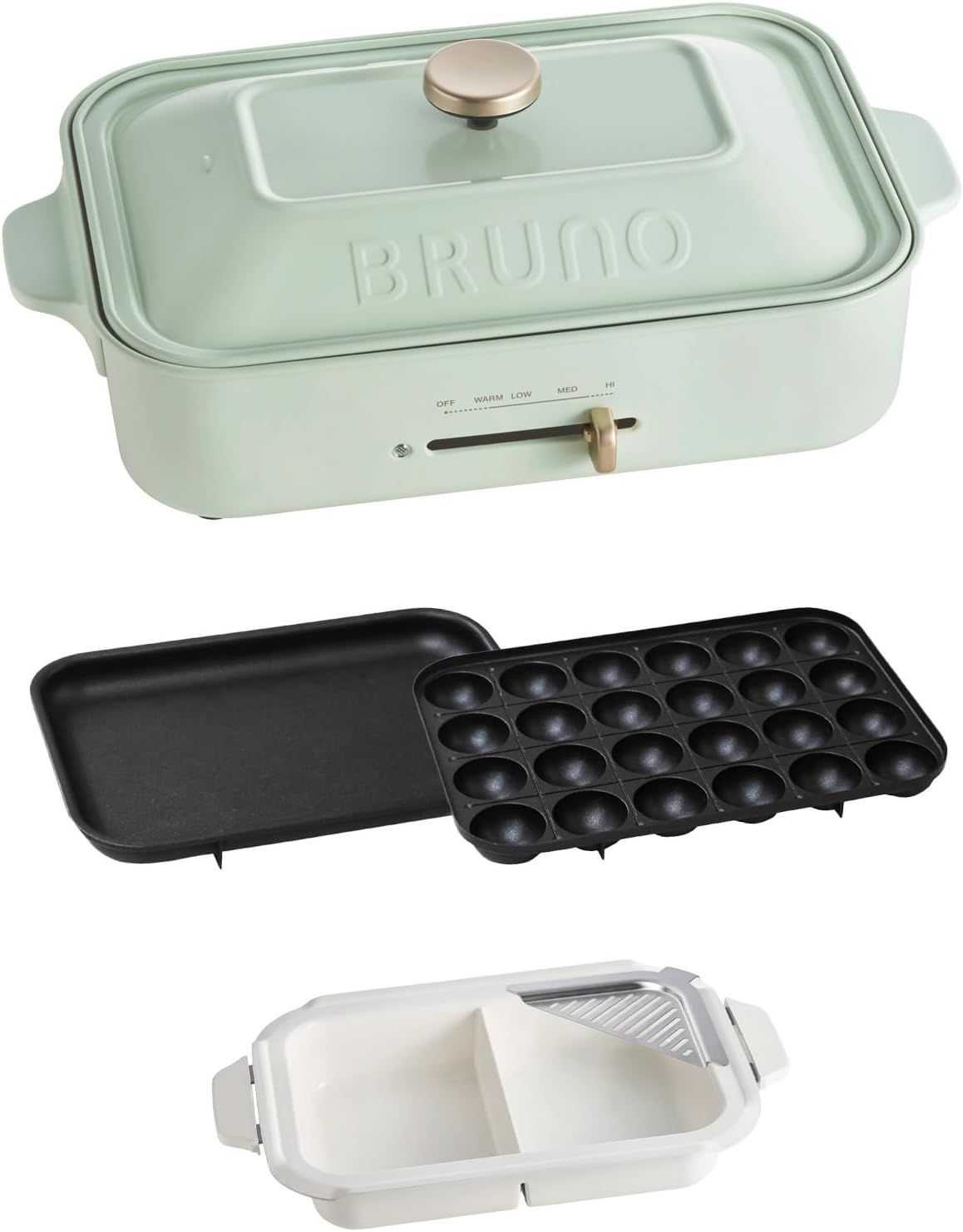 BRUNO ブルーノ コンパクトホットプレート 本体 プレート3種 たこ焼き 仕切り鍋 平面 焼肉 おしゃれ かわいい これ1台 一台 蓋 ふた付き 1200w 温度調節 洗いやすい 1人 2人 3人用 小型 ひとり暮らし にも A4 サイズ グリーン