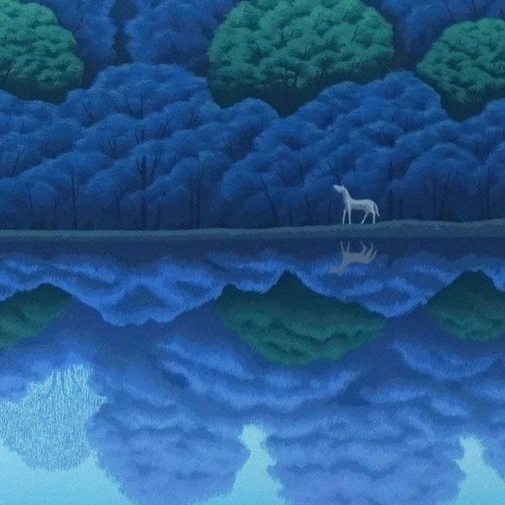 NO33. 国武久巳 湖上の月 版画 馬 青 風景画 額付き 箱あり 絵画