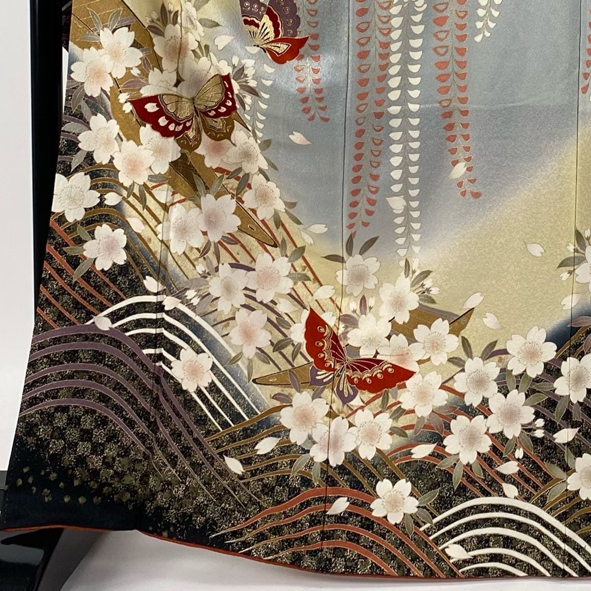 振袖 身丈166cm 裄丈67cm M 袷 桜 蝶 金糸 金彩 青灰色 正絹