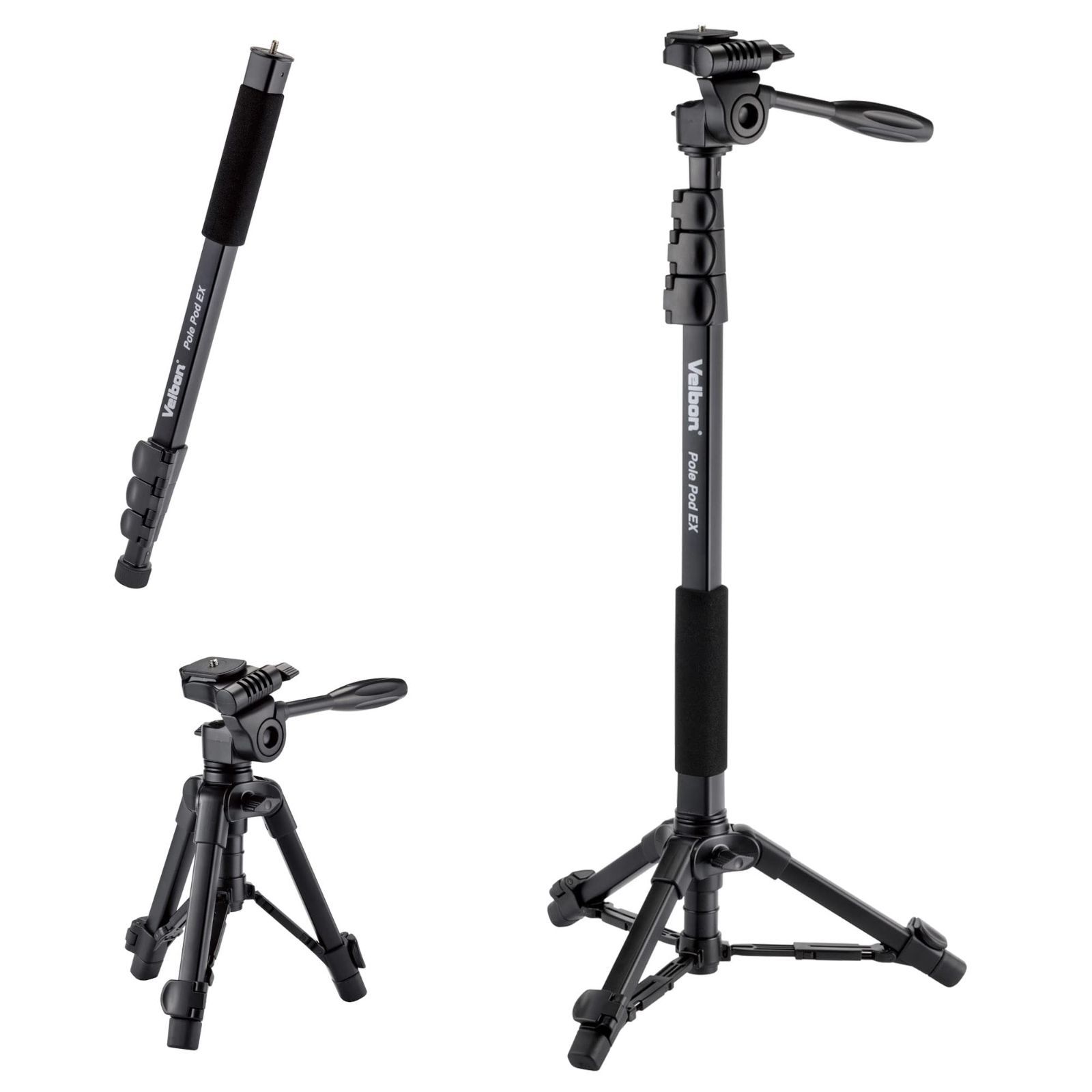 ベルボン Velbon スタンド型一脚 Pole Pod EX AZ ポール部4段|脚部2段 レバーロック ポール部径23mm|脚部径17mm 小型 3Way雲台 クイックシュー対応 一脚ポール付卓上三脚 一脚単独使用 卓上三脚化 アルミ脚 脚