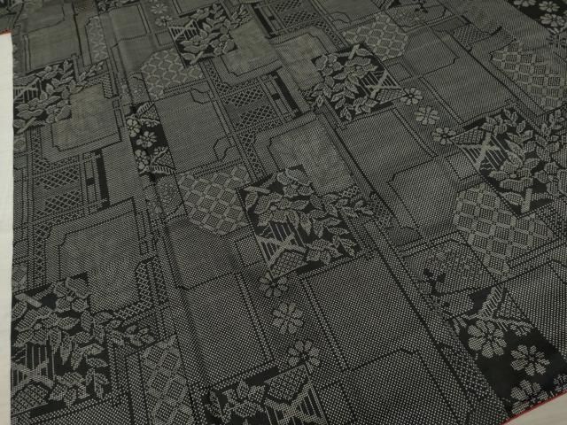 【レア】紙画　着物シリーズ　2001　Lynn Kishiyama 平和屋着物○本場大島紬 一元絣 色紙重ね花文 黒地 正絹 逸品