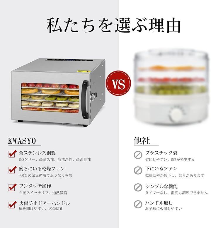 【説明書付き】フードフライヤー 食品乾燥機 Kwasyo 6層食品乾燥機 フードドライヤー 304ステンレス鋼製 家庭