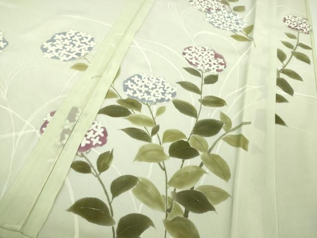 平和屋着物■極上　訪問着　無双　紗袷　紗×絽　紫陽花　あじさい　若芽色地　金彩　逸品　DZAA7532kh5 平和屋着物□極上 訪問着 無双 紗袷 紗×絽 紫陽花 あじさい 若芽