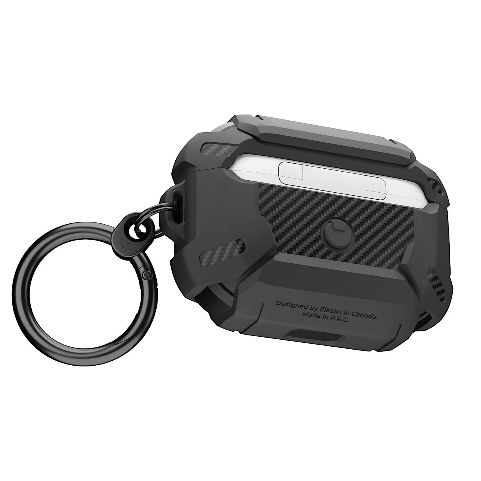 【在庫処分】ElksonExiaシリーズミリタリーAirPodsProケースフルボディハードシェル保護カバーケーススキンAirPodProブラック用キーホルダー付き