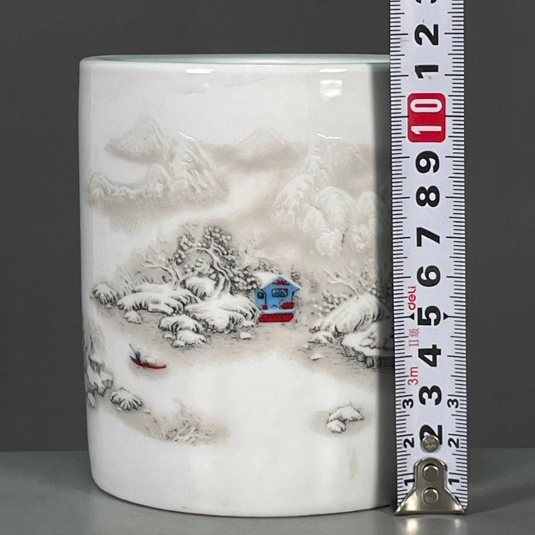 粉彩雪景図紋筆筒 書道具 文房具 筆置 筆入 現代工芸品 美術品