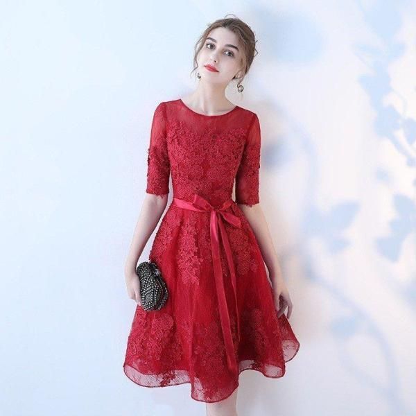 パーティードレス 花柄 レース 半袖 オフショルダー ウエストマーク