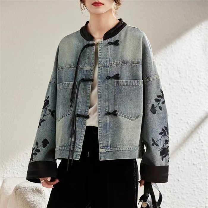 デニム ジャケット コート デニムコート レディース 刺?  長袖 体型 デニムジャケット 春 アウター 花柄 前開き デザイン感 立ち襟 羽織り 綿 ゆったり 秋 xzjhtpw#