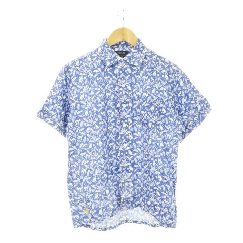 ポロ ラルフローレン POLO RALPH LAUREN アロハシャツ 半袖 リネン 麻 オープンカラー レギュラーカラー ロゴ刺繍 猿 モンキー 総柄 XS 青 ブルー |AH17 GY44