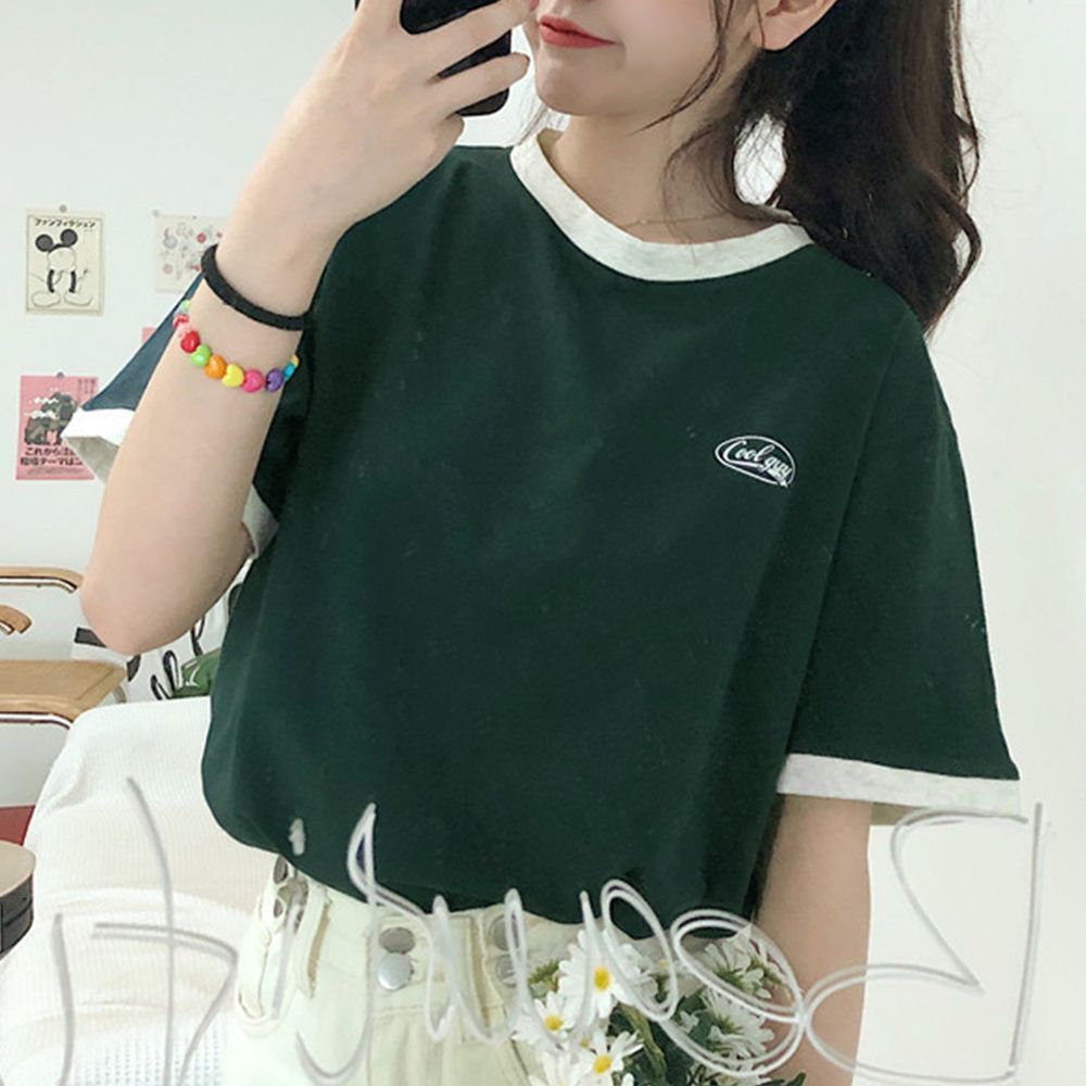 バイカラー Tシャツ 韓国 半袖 カジュアル おしゃれ ロゴ