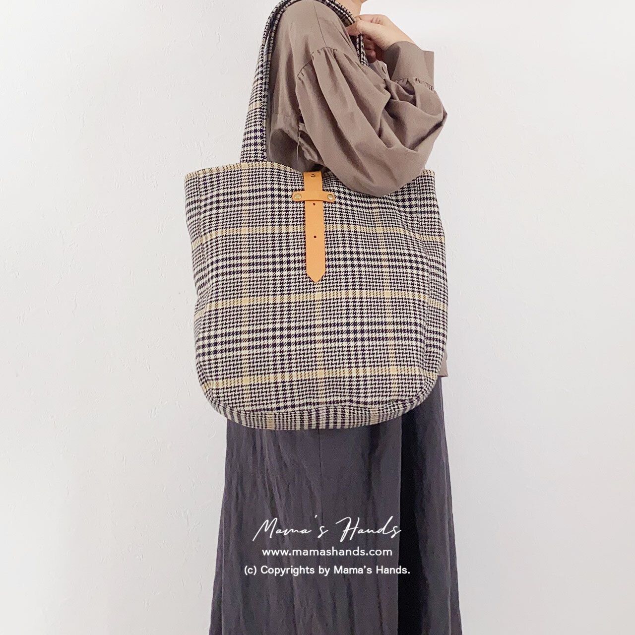 グレンチェック 茶系 秋 ヌメ革 中 軽い トートバック