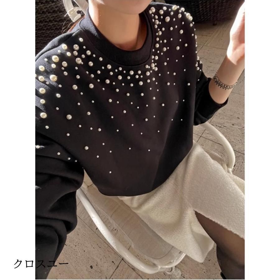 パール付き スウェット レディース 春トップス  トレーナー クルーネック ショート丈 ビジュー ボリューム袖 さりげなく体型カバー プルオーバー 可愛い パール付き スウェット レディース 春トップス トレーナー