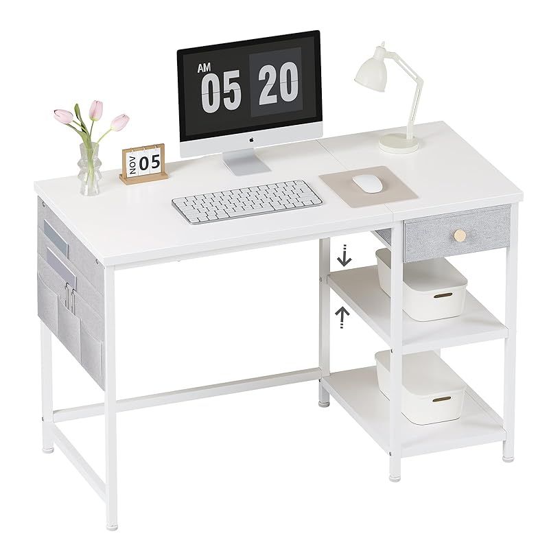 YeTom デスク 机 pcデスク パソコンデスク 勉強机 大人 つくえ ラック付きデスク 幅120cm×奥行55cm 布製引き出し付き 在宅ワークデスク オフィスデスク 収納ラック 収納袋付き 学習机 左右入替可