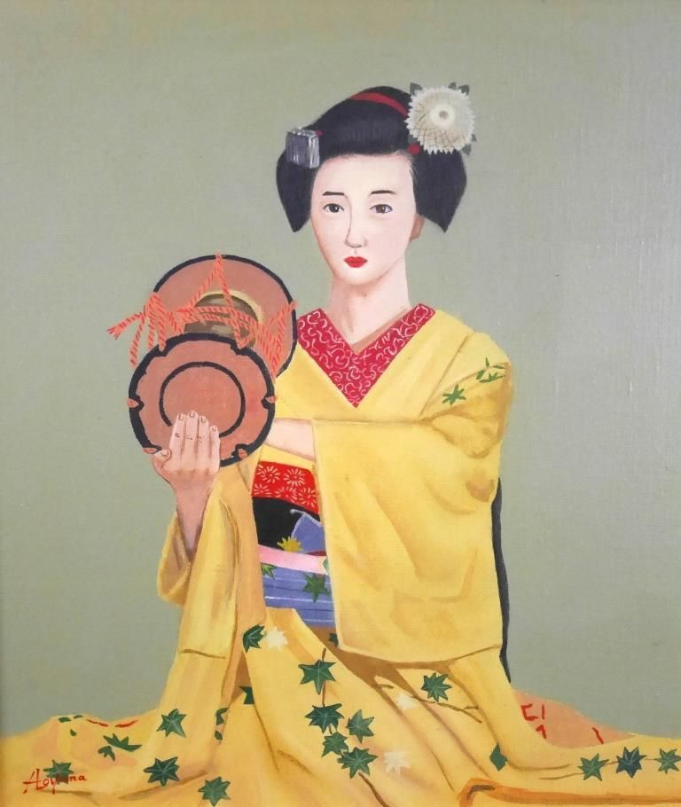 青山恵三『舞妓 鼓』◇油彩10号◇直筆サイン有◇大型！実力作家！中日