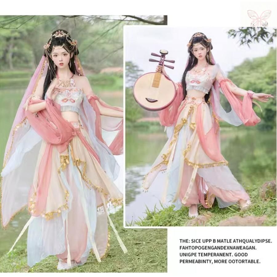 中華風アラビアン コスチューム 大人 敦煌舞踊 中華古典ダンス 衣装 中国古代民族風 ダンス衣装 4点セット ピンク系 ロングベール付き 付け