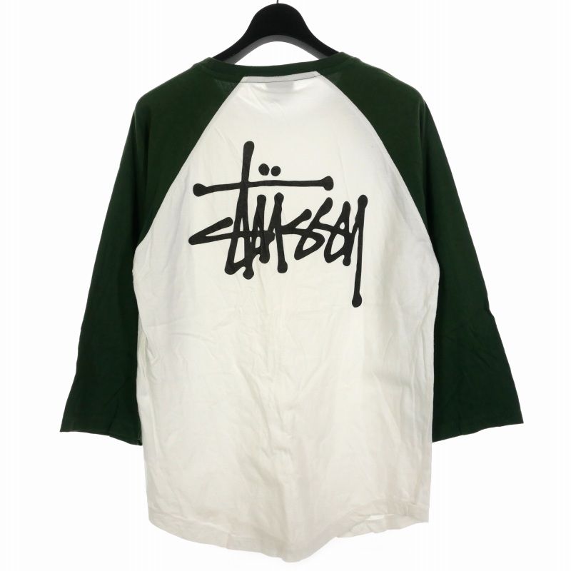 ステューシー STUSSY ラグランTシャツ 7分袖カットソー バックプリント ロゴ M ホワイト グリーン