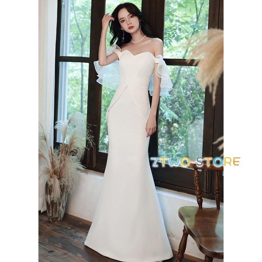 ウェディングドレス マーメイド 白 ロングドレス オフショルダー 袖あり 結婚式 二次会 花嫁 ドレス 大きいサイズ 3L 4L 上品 フリルWP日替わり 104